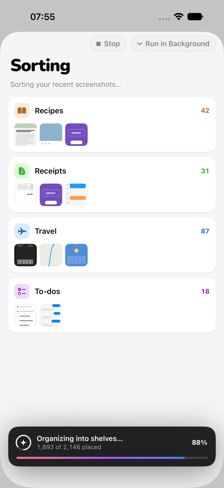 Recallr sorting a screenshot library on-device, filing each shot onto a shelf while the user watches the progress.