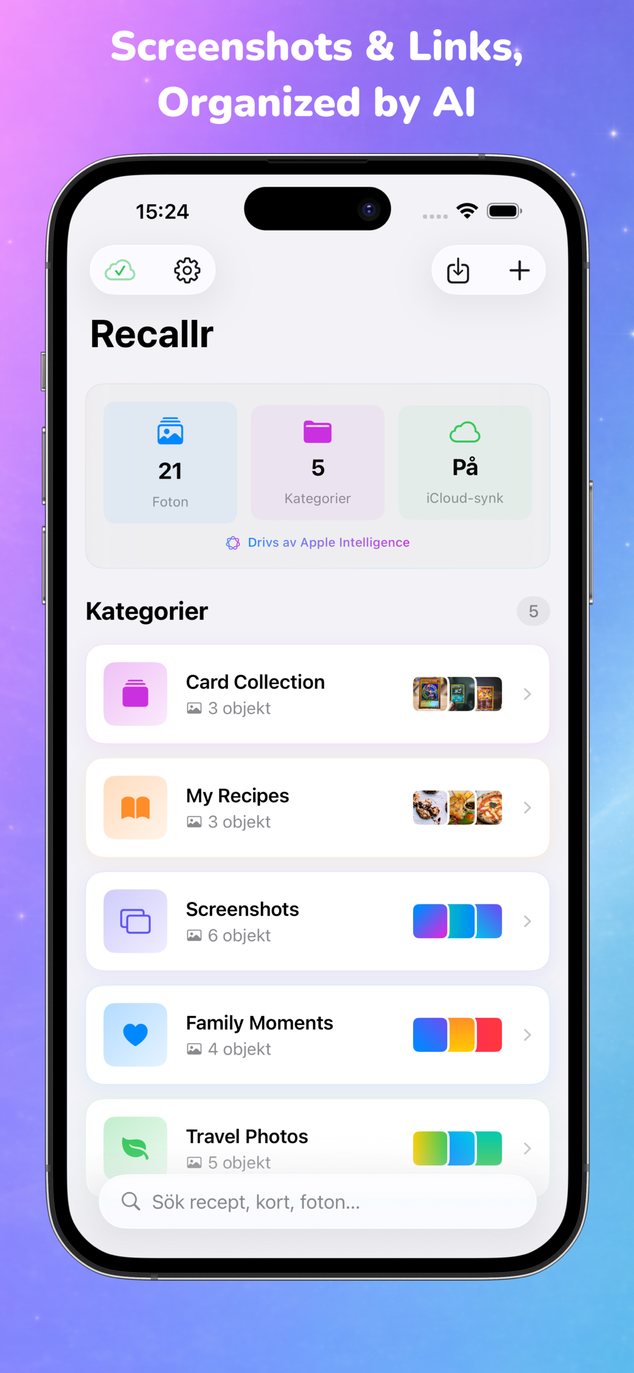 Recallr Catalog home screen on iPhone showing screenshots and saved links automatically organized into AI-generated categories.