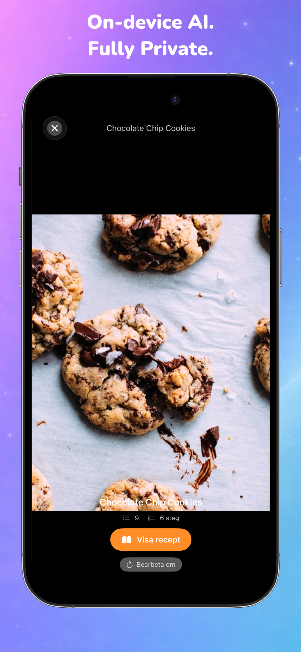 Recipe photo detail in Recallr Catalog, processed entirely on-device for full privacy.