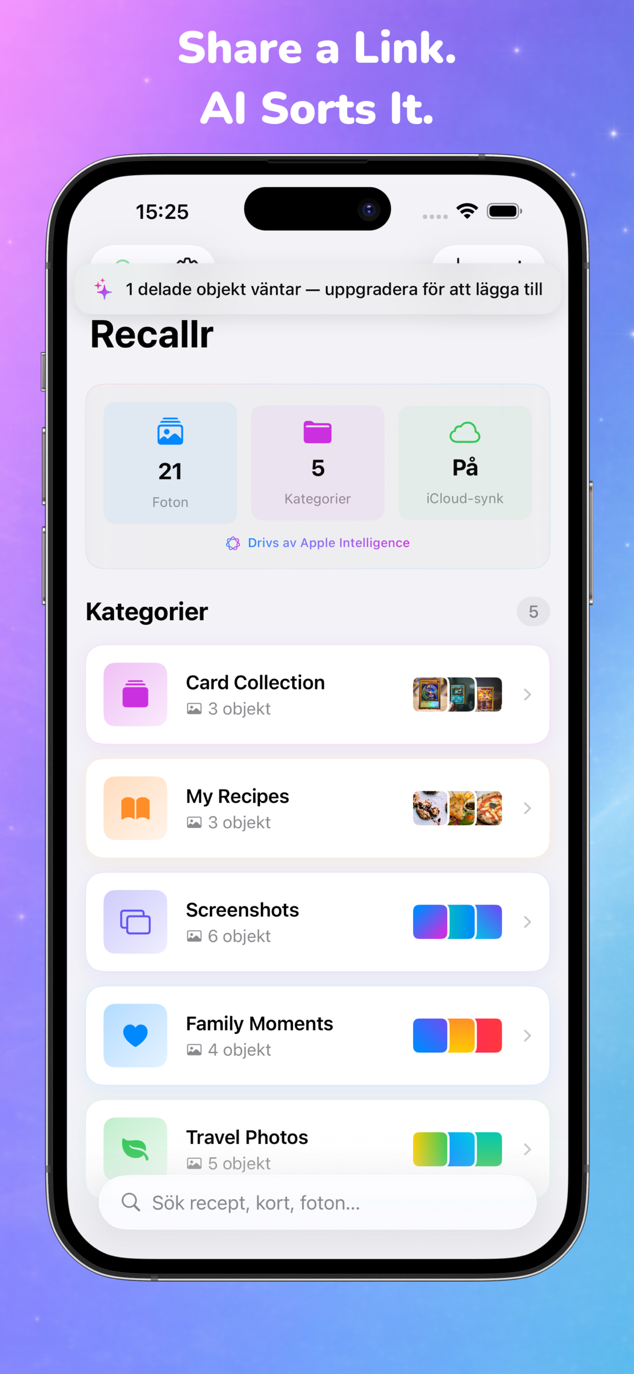 Recallr Catalog auto-assigning a freshly shared link to the correct category using on-device AI.