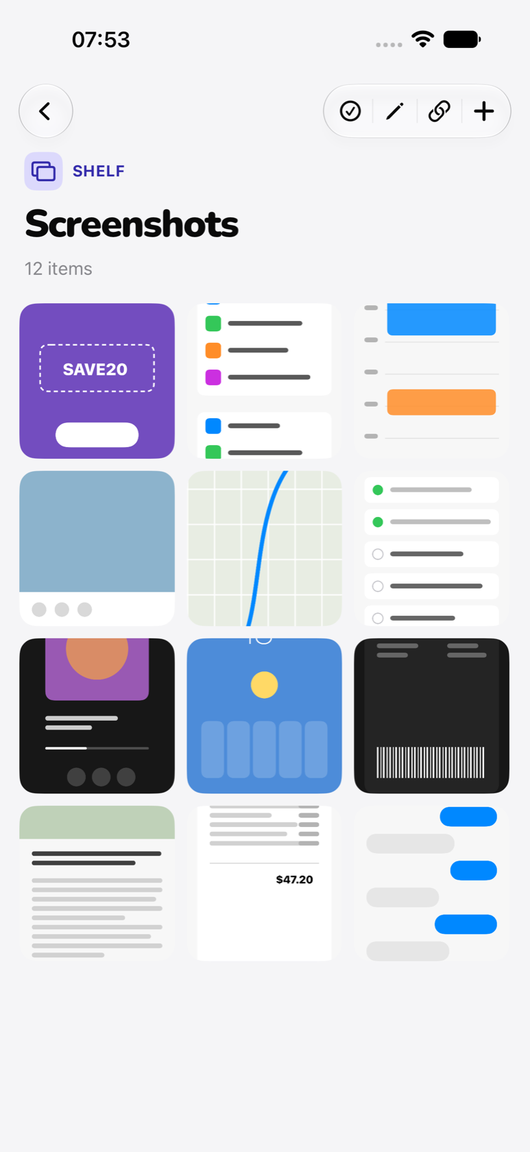 Shelf grid in Recallr grouping the user's screenshots by topic with zero manual effort.