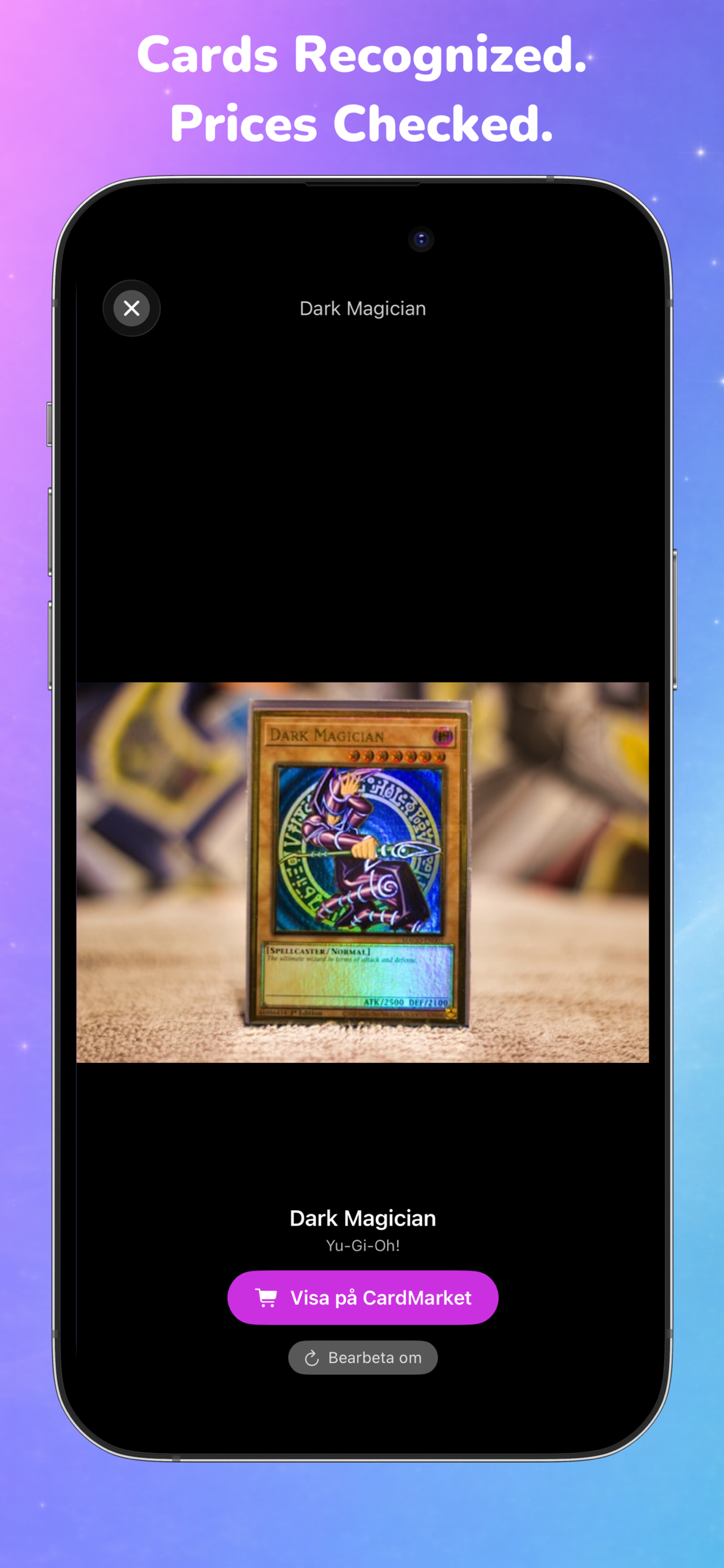 Trading card detail view in Recallr Catalog after on-device recognition, showing card metadata and price information.